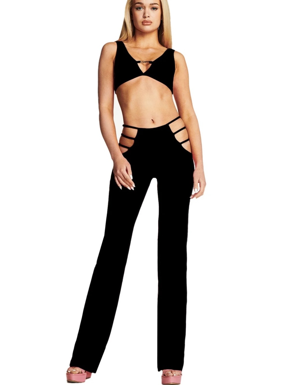 Black Wide-Leg Cutout Pants with Triple Side Straps - Women